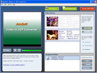 Convert DV tapes and video files to 3GP/MPEG-4 movie playable on cellular phone.