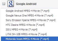 choisir le format de sortie pour Motorola Xoom
