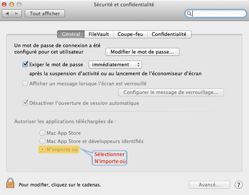 autoriser les applications téléchargée de n'importe où
