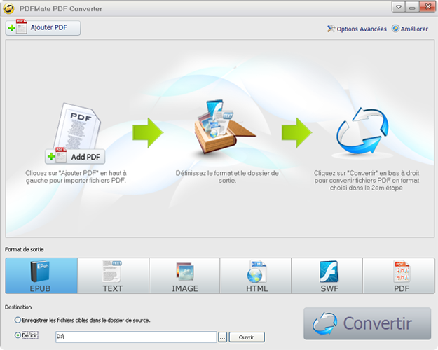 PDFMate PDF Converter Gratuit convertir PDF en EPUB, Texte, Image, HTML et SWF.