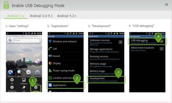Turn on the USB debugging mode on Android 2.X