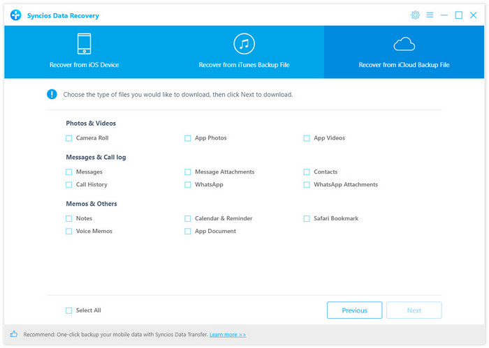 select files to download from iCloud backup file