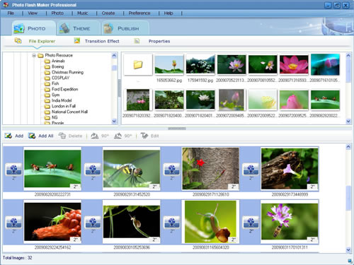 Add photos, transitions, music, text and URLs to flash slideshow